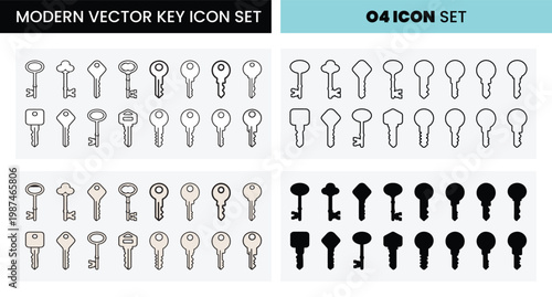 Modern key icon set outline solid minimal black key collection