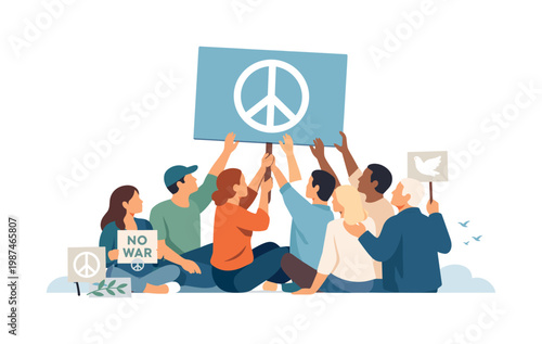 Peace protest scenario where individuals gather in a public space to express opinions and advocate for change through nonviolent action, representing civic engagement,