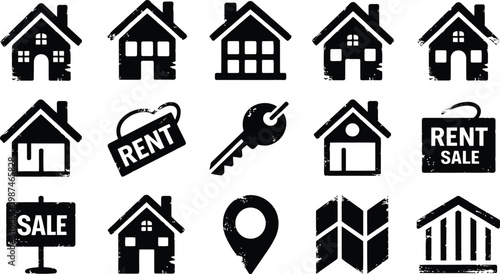 Real Estate and Property Solid Icons Set – House, Rent, Sale, Location, Key, Building Symbols Collection