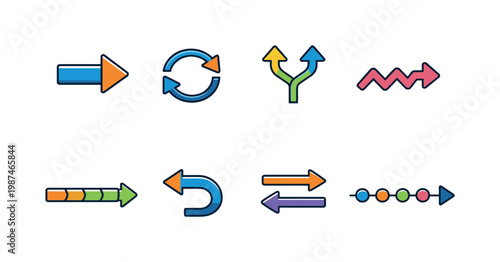 Process flow arrows: step forward arrow, loop arrow, branching arrows, zigzag arrow, progress arrow, return arrow, swap arrows, timeline arrow.