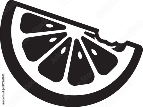 Black and white bitten citrus fruit slice, monochrome food icon, vector illustration, flat design