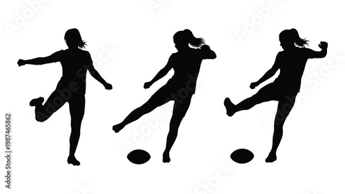 Three silhouettes of a woman kicking a ball in various stages of motion