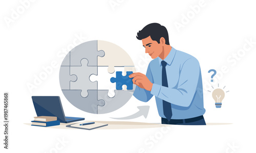 Problem-solving scenario where an individual analyzes a complex situation and works through challenges step by step, representing critical thinking, logic, and