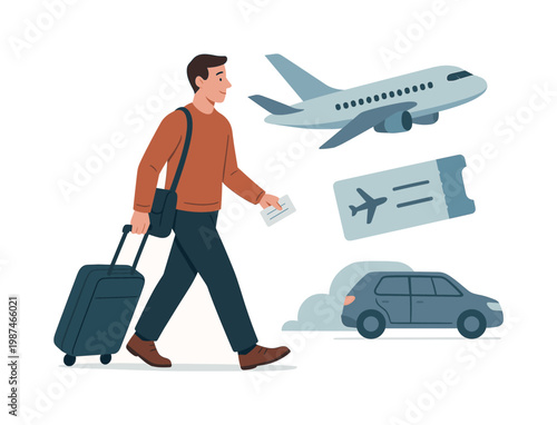 Air travel journey scenario where a passenger prepares for a flight and experiences seamless transportation between destinations in a modern travel context, symbolized by