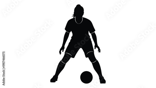 A silhouette of a female soccer player poised to kick a ball on a white background