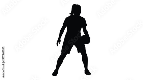 A silhouette of a woman holding a basketball poised in a dynamic athletic stance