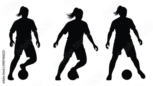 Three silhouettes of women playing soccer with a ball on a white background
