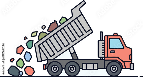 Orange dump truck unloading rubble and debris for construction site or waste management concept