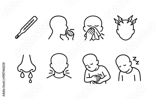 Sickness symptoms: fever thermometer, coughing person, sneezing face, headache head, runny nose, sore throat, stomach ache, fatigue symbol.