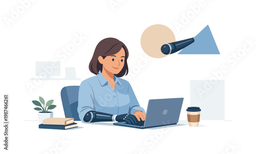 A professional working in an office environment using a prosthetic arm seamlessly integrated into everyday tasks like typing or holding objects, representing inclusivity
