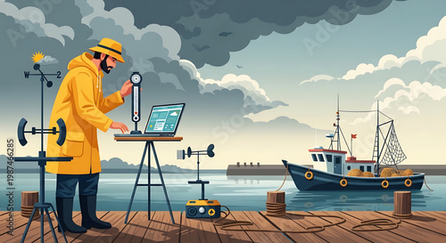 Fisherman in yellow raincoat checking weather station equipment on a pier near a fishing boat