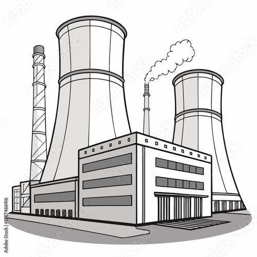 A black and white illustration of a nuclear power plant with cooling towers and a building