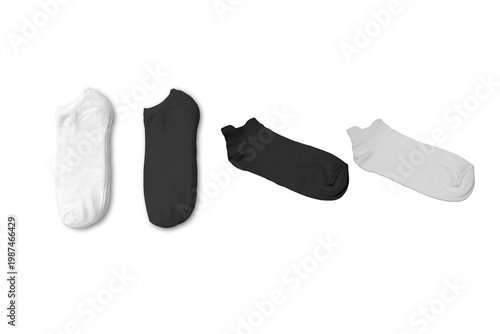 White cotton socks mockup for design on white background.black and white short socks mockup.3d rendering.