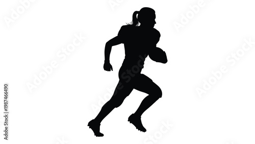 Silhouette of a female athlete running with a football on a white background