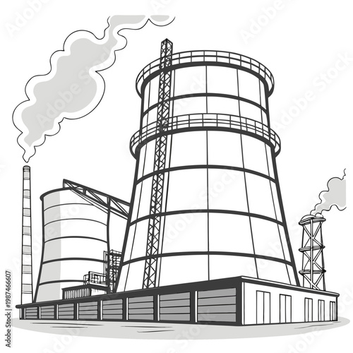 A large industrial cooling tower with smoke coming out of it and other industrial structures around