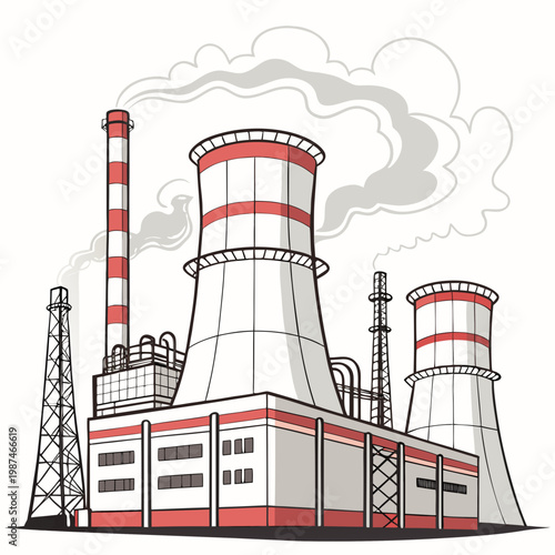 A nuclear power plant with cooling towers and smokestacks emitting smoke