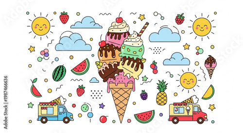 Cute ice cream and summer treats doodle pattern, sweet dessert vector illustration