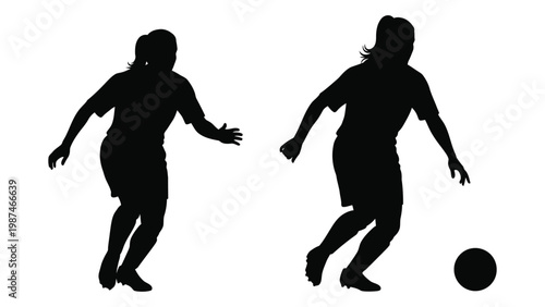 Two women silhouettes engaged in a dynamic pose with a soccer ball