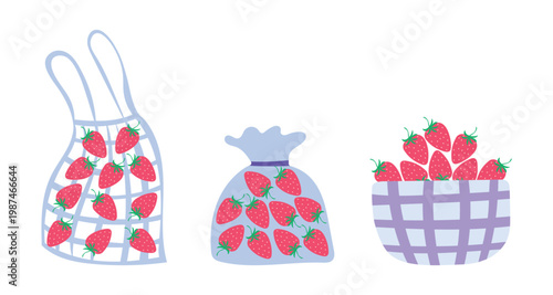  Vector illustration set of fresh strawberries in a mesh string bag, fabric pouch, and checkered basket. Farmer's market and summer harvest concept.