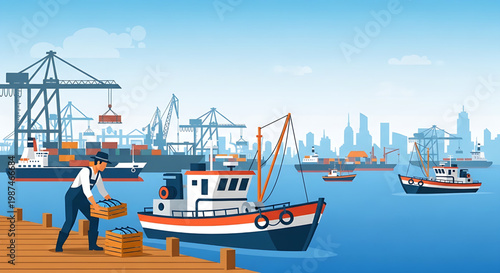 Fishing boats and cargo ships in a busy port with cranes and a city skyline in the background