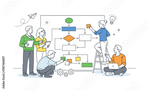 A workflow clarity and process mapping scene showing a small team organizing steps around a large flowchart and directional arrows, using a clear visual metaphor of