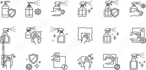 Cleaning and disinfection line icons set featuring hand washing, sanitizer spray, surface cleaning and hygiene protection symbols collection