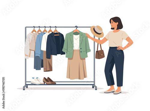 Wardrobe styling scenario where a person curates outfits and organizes clothing to match personal style and occasion, representing self-expression, planning, and