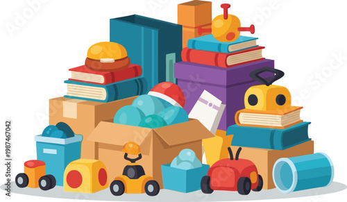 Pile of household items and toys in cardboard boxes for moving or decluttering concept