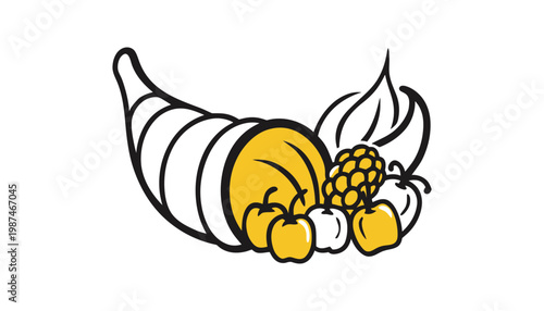 A colorful cornucopia illustration overflowing with fruits and vegetables