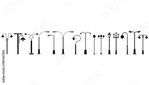 A streetlamp silhouette vector illustration set in various designs and styles