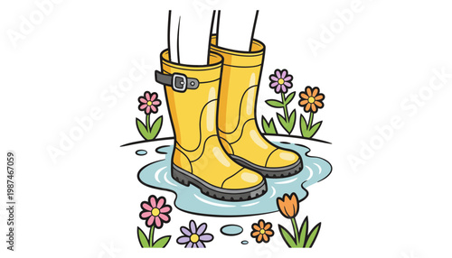 A pair of yellow rain boots standing in a puddle surrounded by flowers