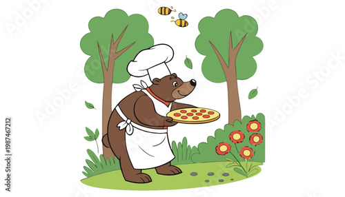 A brown bear chef illustration wearing a white hat and apron holding pizza