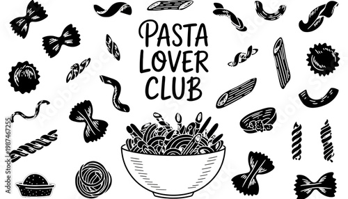 Pasta lover club with various types of pasta and a bowl
