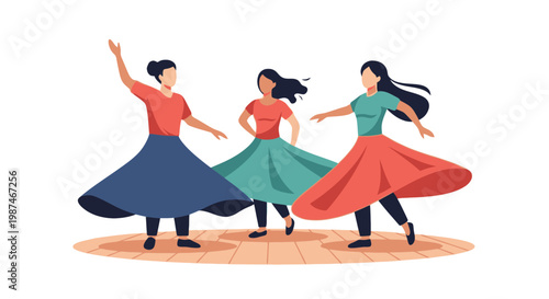 Group of women dancing in colorful skirts on stage during celebration