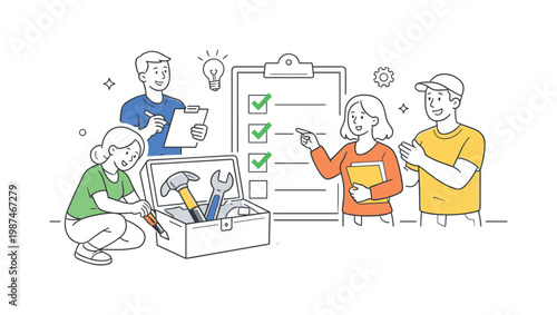 A practical work scenario where individuals organize and access essential tools to complete tasks efficiently, illustrated through a clean scene featuring an open toolbox