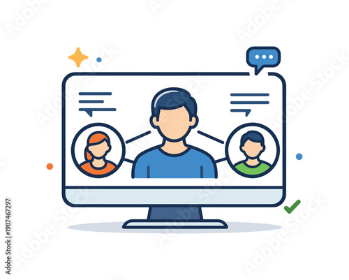 Online virtual meeting emphasizing professional communication and productivity across distances, a screen with a central human figure and two smaller participant icons