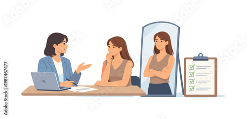 A consultation moment where a specialist helps a client define and improve personal brand image, reflecting guidance, strategy, and self-awareness in professional