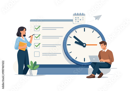 Project management and time control concept illustrating efficient organization of tasks and priorities to meet business deadlines and deliver results, visualized with a
