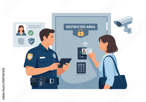 Access control situation where a professional verifies entry permissions in a restricted area, highlighting identity validation, safety standards, and controlled access