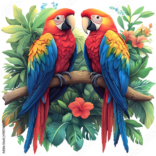 Birds, Macaw, Parrots, Nature, Art, Image for Printing, with White Background, for Stickers, T-shirt Design, Hat, Mug, Flip-flop, Mousepad