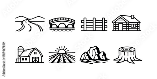 Landscape features: road path, bridge, fence, cabin house, farmland, field crops, rock formation, tree stump.
