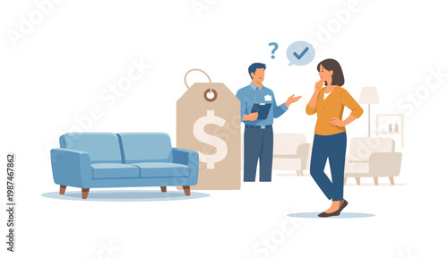 Furniture sales scenario where a customer explores options in a showroom and evaluates pieces for home or office use, representing decision-making, comfort, and lifestyle