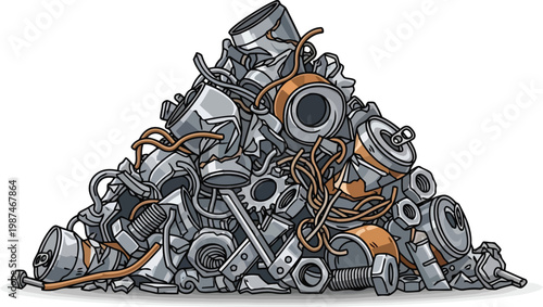 Pile of scrap metal with crushed aluminum cans gears and bolts for recycling and waste management concept