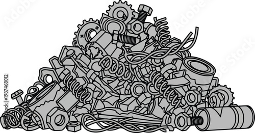 Pile of scrap metal with gears bolts springs and engine parts for recycling or industrial waste concept