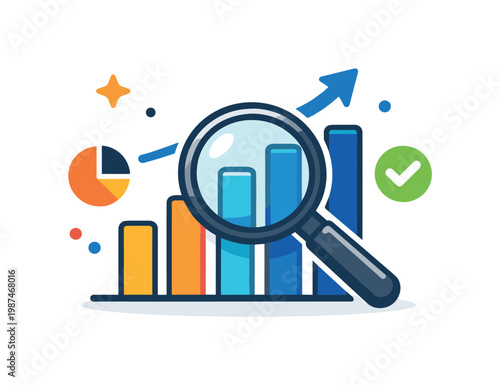 Search analysis in a business context focused on evaluating data and extracting meaningful insights for decision making, a magnifying glass over a simplified chart with