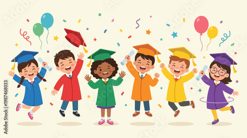 Happy children in graduation gowns celebrating.