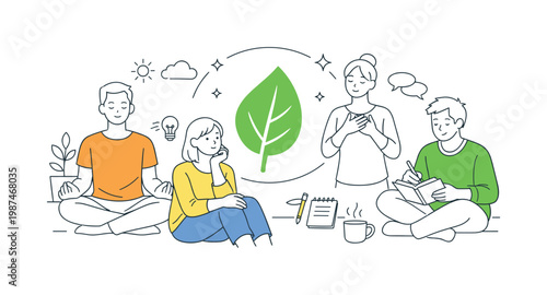 Self reflection mindfulness concept featuring people taking time to pause and evaluate their thoughts in a balanced lifestyle setting, using a calm posture and a single