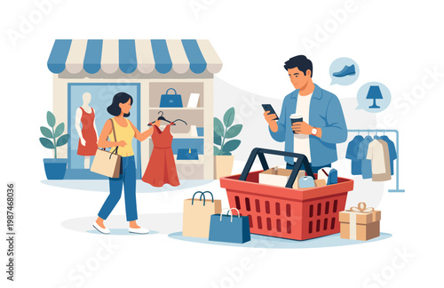A lifestyle shopping scenario focused on browsing and purchasing across different stores, reflecting variety, exploration, and modern retail experience, a storefront