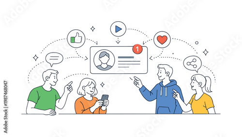 A social and digital communication scenario where people interact with content and systems through actions and feedback loops, depicted through a simple scene with a user