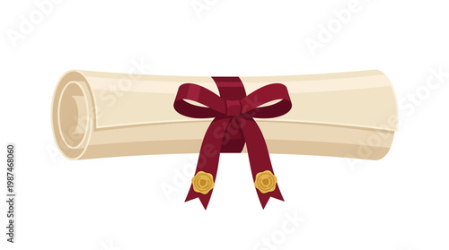 Rolled up diploma with red ribbon.
